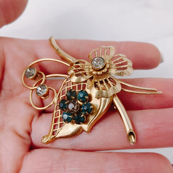 VTG Signed Harry Iskin 12K GF Blue Rhinestone Floral Brooch Mid Century 1950s - Picture 4 of 11